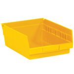 The MH-USA Yellow Plastic Shelf Bin Boxes (11 5/8 x 8 3/8 x 4, 20 bins/case) feature an open front and raised sides for stacking, easy access, and include a label holder for organized storage.