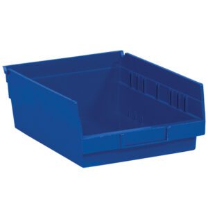 The MH-USA 11 5/8 x 11 1/8 x 4 Blue Plastic Shelf Bin Boxes are ideal for organizing small items, featuring an open front, label holder, and ribbed sides for enhanced strength. Sold in cases of eight.