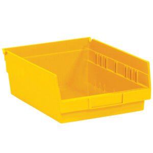 The MH-USA 11 5/8 x 11 1/8 x 4 Yellow Plastic Shelf Bin Boxes (8 Bins/Case) feature a rectangular shape with an open front, vertical ridges for stacking or labeling, ideal for efficient small item organization.