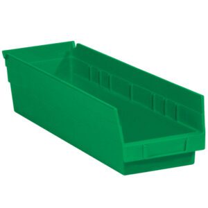 The MH-USA 17 7/8 x 4 1/8 x 4 Green Plastic Shelf Bin Boxes, with open fronts and raised sides, are perfect for organizing small items. Available in cases containing 20 bins each.