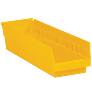 The MH-USA 17 7/8 x 4 1/8 x 4 yellow plastic shelf bin boxes, with an open front for storing small parts or tools, come in a case of 20, ideal for organizing your workspace.