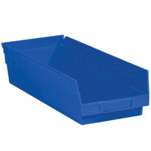 The MH-USA 17 7/8 x 6 5/8 x 4 blue plastic shelf bin boxes have an open front and solid sides for easy access and organization. With a rectangular shape and handle, these bins come in cases of 20, providing ample storage solutions.