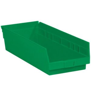 The large green plastic storage bin from the MH-USA 17 7/8 x 6 5/8 x 4 Green Plastic Shelf Bin Boxes (20 Bins/Case) features an open front and raised edges, shown on a white background.