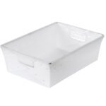 The MH-USA 18 x 13 x 6 White Space Age Totes (6/Case) feature a rectangular design with perforations and handles on the shorter sides. Slightly translucent, their modern style makes them versatile storage solutions.