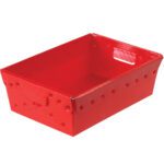 Discover the MH-USA 18 x 13 x 6 Red Space Age Totes, sold in cases of six, featuring sleek rivet-edged design. These durable rectangular bins with handles on shorter sides are ideal for organizing your space.