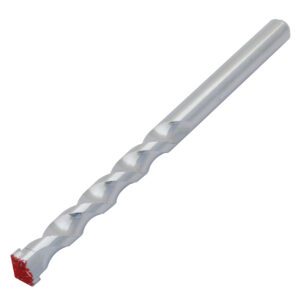 The Vestil Concrete Masonry Bit 1/2 displays a spiral design with a red-tipped end, elegantly placed diagonally on a white background.