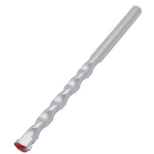 The Vestil Concrete Masonry Bit, with a 3/8-inch diameter and red-tipped end, has a silver helical spiral design. Its elegantly displayed on a plain white background, emphasizing its precise construction.