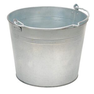 A Vestil Galvanized Steel Bucket, 3.25 Gallons, featuring a metallic finish with a smooth surface and sturdy handle, sits upright against a white background. Its cylindrical shape is accented by two horizontal embossed lines near the top.