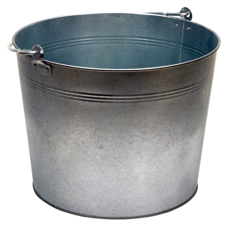 The Vestil Galvanized Steel Bucket 5 Gallons, featuring a galvanized finish and subtle top ridges, includes dual sturdy handles. Displayed on white, it emphasizes a sleek design.