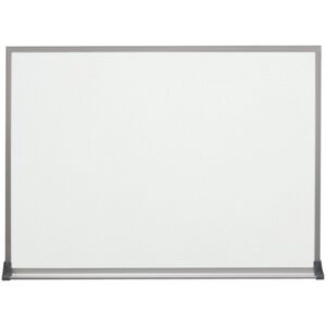 The MH-USA 2 x 1 1/2 Standard Melamine Dry Erase Board features a silver frame and marker tray, offering a clean surface for writing or drawing, set against a plain background to inspire creativity and organization.