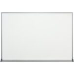 The MH-USA 3 x 2 Standard Melamine Dry Erase Board features a sleek silver frame on a plain white surface. Its simple, rectangular design offers a clean and unused space for your ideas.