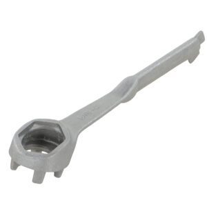 The Vestil Aluminum Drum Bung Nut Wrench 10.5 In boasts a sleek design with a hexagonal socket featuring four notches and an extended handle, all set against a white background.