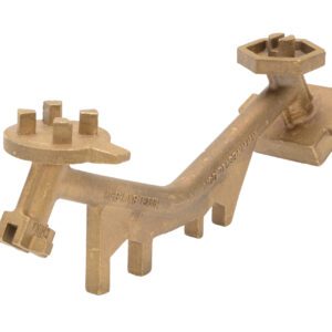 A bronze Y-shaped pipe fitting with a shiny surface, this resembles a Vestil Angled Bronze Drum Bung Nut Wrench and is perfect for industrial use.