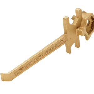 The Vestil Straight Bronze Drum Bung Nut Wrench has a hexagonal socket on one end and protruding notches on the other, likely for specialized mechanical use, with engraving on its shaft.