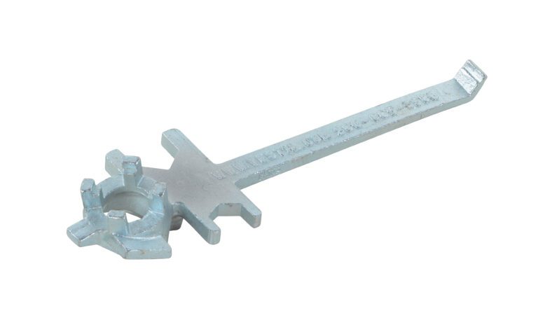 The Vestil Zinc Straight Hand Drum Bung Nut Wrench is a metal spanner with a long handle and multiple wrench sockets at various angles, ideal for precise hardware adjustments with its utilitarian, minimalist design.