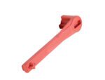 The Vestil Nylon Non Spark Drum Bung Nut Wrench, in red plastic, has a long handle and ridged rounded end with a side opening, designed for precise adjustments without sparking.