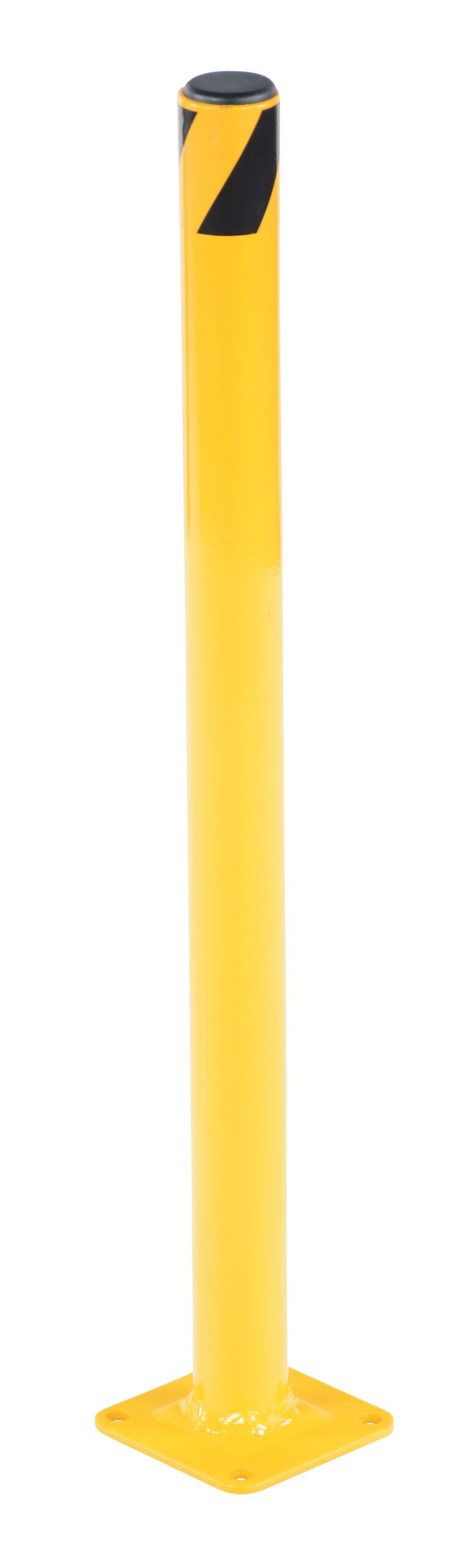 BOL-24-2_A.jpg Yellow Vestil Steel Pipe Safety Bollard 24 x 1-3/4 inches, featuring a black diagonal stripe near the top and a sturdy square base.