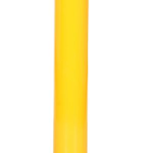 The Vestil Steel Pipe Safety Bollard 36 x 4-1/2 In features a yellow design with a black top and diagonal stripes. Its sturdy rectangular metal base has four mounting holes for secure installation, ensuring safety and protection.