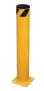 The Vestil Steel Pipe Safety Bollard 36 x 5-1/2 In features a yellow cylinder design with a flat black top and a black diagonal stripe near the top. It rests on a square base with four holes for secure mounting.
