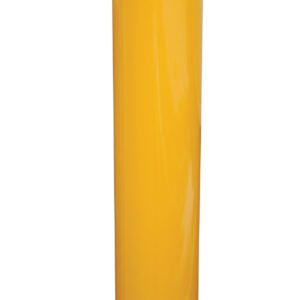 The Vestil Steel Pipe Safety Bollard 36 x 5-1/2 In features a yellow cylinder design with a flat black top and a black diagonal stripe near the top. It rests on a square base with four holes for secure mounting.