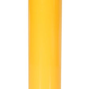 The Vestil Steel Pipe Safety Bollard 36 x 6-5/8 In is bright yellow with black diagonal stripes near the top. It features a flat base for easy mounting and stands upright against a plain backdrop, providing safety with its sturdy, cylindrical design.