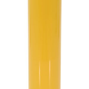 The Vestil Steel Pipe Safety Bollard 36 X 8-5/8 In has a yellow cylindrical design with black diagonal stripes at the top, featuring a smooth, shiny surface. It is mounted on a square base with holes for secure grounding.