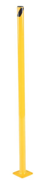 Against a pristine white background, the aptly named Vestil Steel Pipe Safety Bollard 42 X 1-3/4 In stands tall, bright yellow with a black stripe near the top.