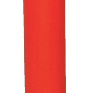 The Vestil Steel Pipe Safety Bollard 42 x 4-1/2 Red features a bright cylindrical design with two black diagonal stripes near the top, a flat base with four mounting holes for easy installation, and a smooth, shiny surface for durability and visibility.