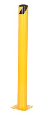 A bright yellow Vestil Steel Pipe Safety Bollard 42 X 4-1/2 In, featuring a black stripe near the top, stands upright against a white background. It has a sturdy square base with holes for secure mounting.