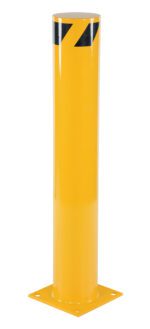 The Vestil Steel Pipe Safety Bollard 42 x 6-5/8 In is a yellow cylindrical structure with a flat base and two black diagonal stripes at the top.