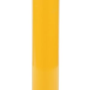The Vestil Steel Pipe Safety Bollard 42 x 6-5/8 In is a yellow cylindrical structure with a flat base and two black diagonal stripes at the top.