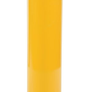 The Vestil Steel Pipe Safety Bollard 42 X 8-5/8 In features a yellow design with black diagonal top stripes. Its cylindrically shaped on a square base, offering sturdy protection and high visibility in various settings.