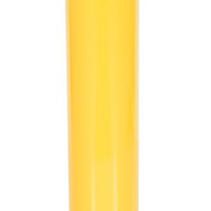 The Vestil Steel Pipe Safety Bollard 48 x 5-1/2 inches is a bright yellow with black cap and stripes near the top, equipped with a strong square base and four holes for secure mounting.