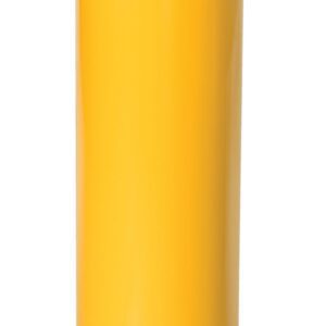 The Vestil Steel Pipe Safety Bollard 48 X 8-5/8 In is a yellow steel bollard with black diagonal stripes, designed for vehicle impact protection and easy installation. It features a sturdy square base with four bolt holes.