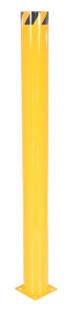 The Vestil Steel Pipe Safety Bollard 72 X 6-5/8 In, featuring a tall, cylindrical shape in yellow with a black and yellow striped top and a square base with four bolt holes, ensures secure installation on flat surfaces.