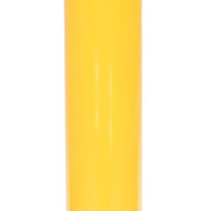 The Vestil Steel Pipe Safety Bollard 72 X 6-5/8 In, featuring a tall, cylindrical shape in yellow with a black and yellow striped top and a square base with four bolt holes, ensures secure installation on flat surfaces.
