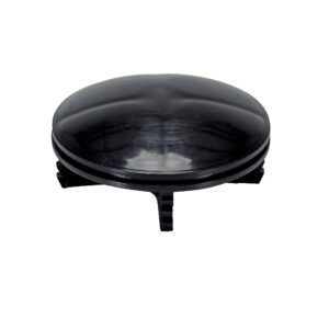 A sleek, black disc akin to the Vestil Bollard Cap Plastic Replacement 4.5 In sits elegantly on angled supports, with its smooth, shiny surface reflecting light beautifully and adding a touch of modern minimalism to any setting.