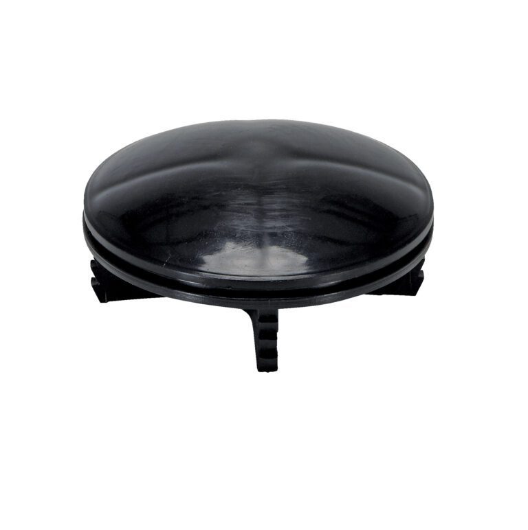 A sleek, black disc akin to the Vestil Bollard Cap Plastic Replacement 4.5 In sits elegantly on angled supports, with its smooth, shiny surface reflecting light beautifully and adding a touch of modern minimalism to any setting.