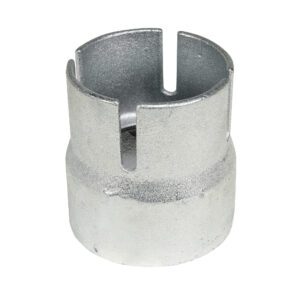 This lustrous, textured cylindrical tool looks like a specialty component. Its hollow center and four vertical slots at the top resemble the Vestil Bollard Chain Cap 4.5, Retro-Fit—ideal for easy upgrades to existing setups.