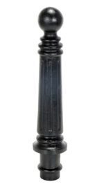 The Vestil Ductile Iron Decorative Bollard 28X5Base features a black cylindrical body with an elegant round top and grooves, standing tall against a pristine white background.