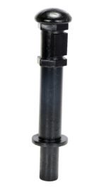 A close-up of the Vestil Ductile Iron Decorative Bollard 28X7Base reveals a black, cylindrical form with a rounded top and square side protrusions. It features a wider base with a 28X7 circular flange and boasts a smooth, matte finish.