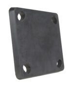 The Vestil Bollard Energy Absorbing 8X8 is a black, square rubber mounting plate with rounded edges and four corner holes, designed for industrial or mechanical use.