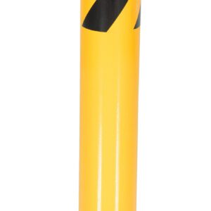 The image displays a Vestil Steel Pipe Bollard W/ Slots 36 x 4.5 inches, featuring a bright yellow cylindrical body with black diagonal stripes at the top, mounted on a square base with four holes for secure installation.