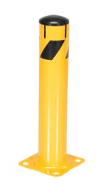 The Vestil Steel Pipe Bollard W/ Slots, measuring 36 x 5.5 inches, features a yellow finish with a black top and diagonal stripes. It has a flat rectangular base with four mounting holes and a glossy, smooth surface for durability and visibility.