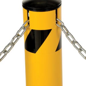 The Vestil Steel Pipe Bollard 42 x 4.5 inches in yellow with black stripes and a black top features metal chains on each side to guide or restrict movement effectively.