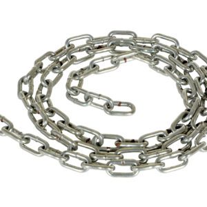 A coiled metal chain with interlocking, oval-shaped links elegantly stretches across a white background, reflecting the durable design of the Vestil Steel Pipe Bollar Optional 6 Ft Chain.