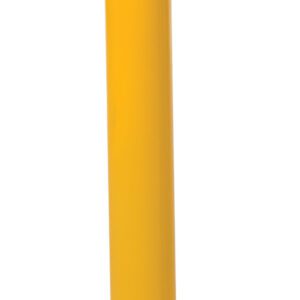 A Vestil Steel Pipe Bollard in yellow, with a silver top and black diagonal stripe, is mounted on a square base and features the convenient W/Slot 24X4.5 Slv Cap design for enhanced security and robustness.