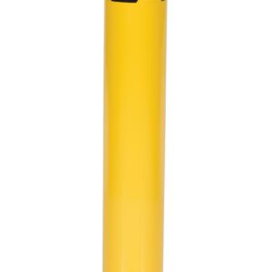 The Vestil Steel Pipe Bollard W/Slot 36X5.5 Slv Cap features a standing design on a flat base, topped with a silver cap and adorned with a black and yellow reflective stripe near the top for enhanced visibility.