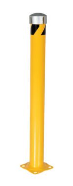 A yellow bollard post, similar to the Vestil Steel Pipe Bollard W/Slot 48X4.5 Slv Cap, features a silver cap and bold black diagonal stripes on top. Its flat base with rounded corners is designed for secure ground mounting.