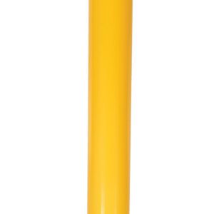 A yellow bollard post, similar to the Vestil Steel Pipe Bollard W/Slot 48X4.5 Slv Cap, features a silver cap and bold black diagonal stripes on top. Its flat base with rounded corners is designed for secure ground mounting.